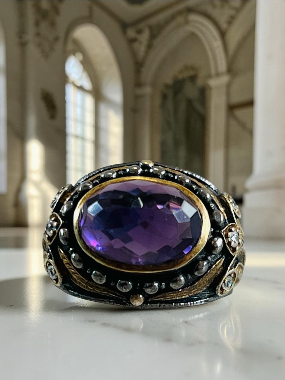 Vintage Sterling Amethyst Glass Turkish Cocktail Ring 8.5